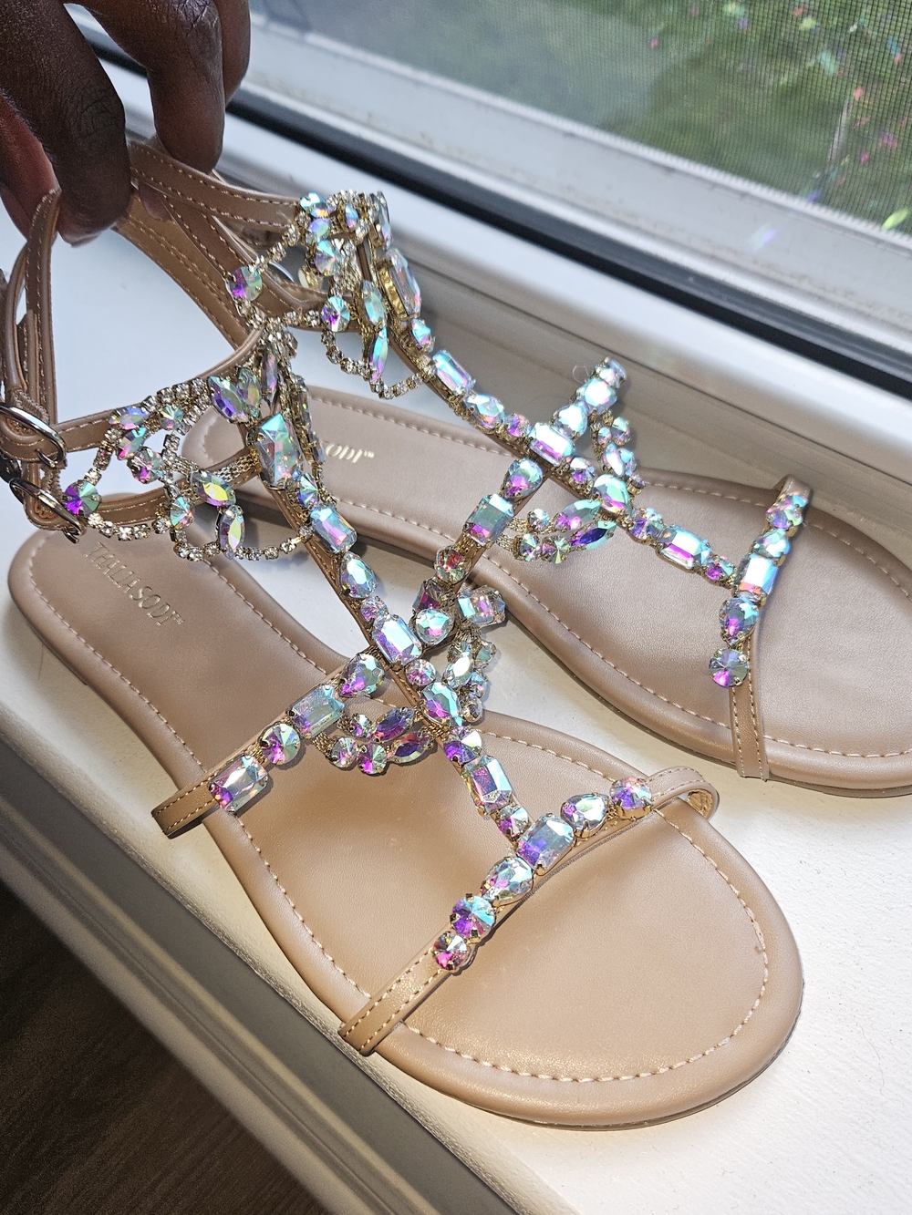 Women's Nude Jeweled Strappy Sandals
